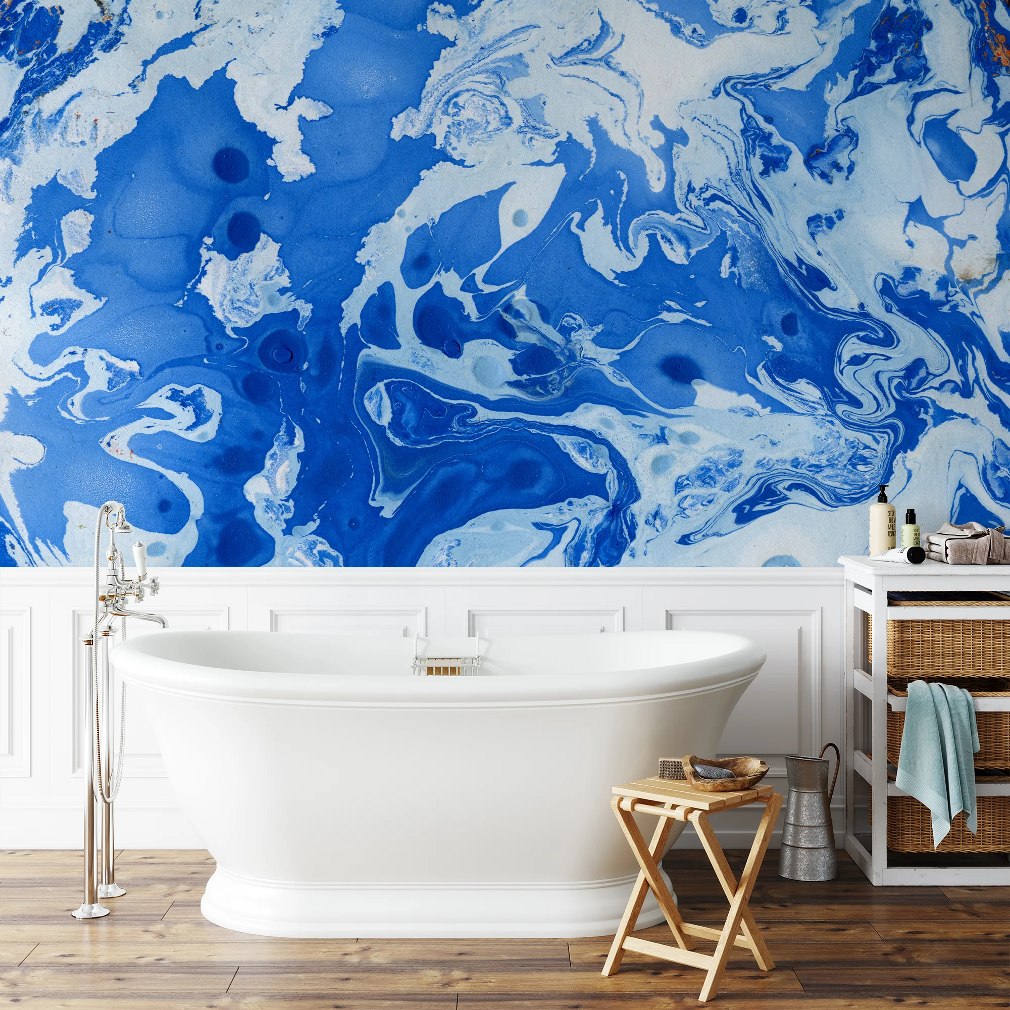 Blue Swirly Ink Art Illustration Wallpaper, Artistic Wave Design Peel & Stick Wall Mural