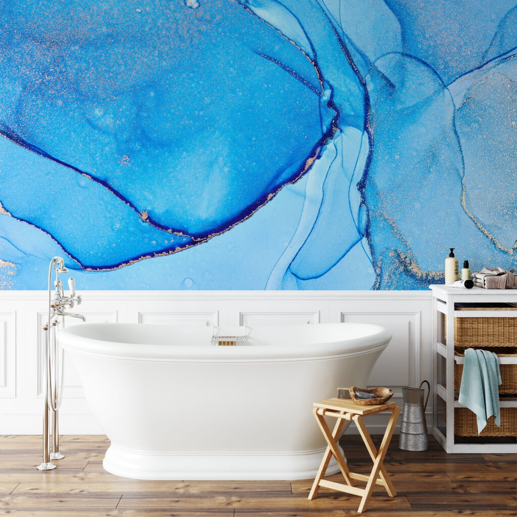 Shades Of Blue Marble Alcohol Ink Wallpaper, Serene Sapphire Marble Peel & Stick Wall Mural