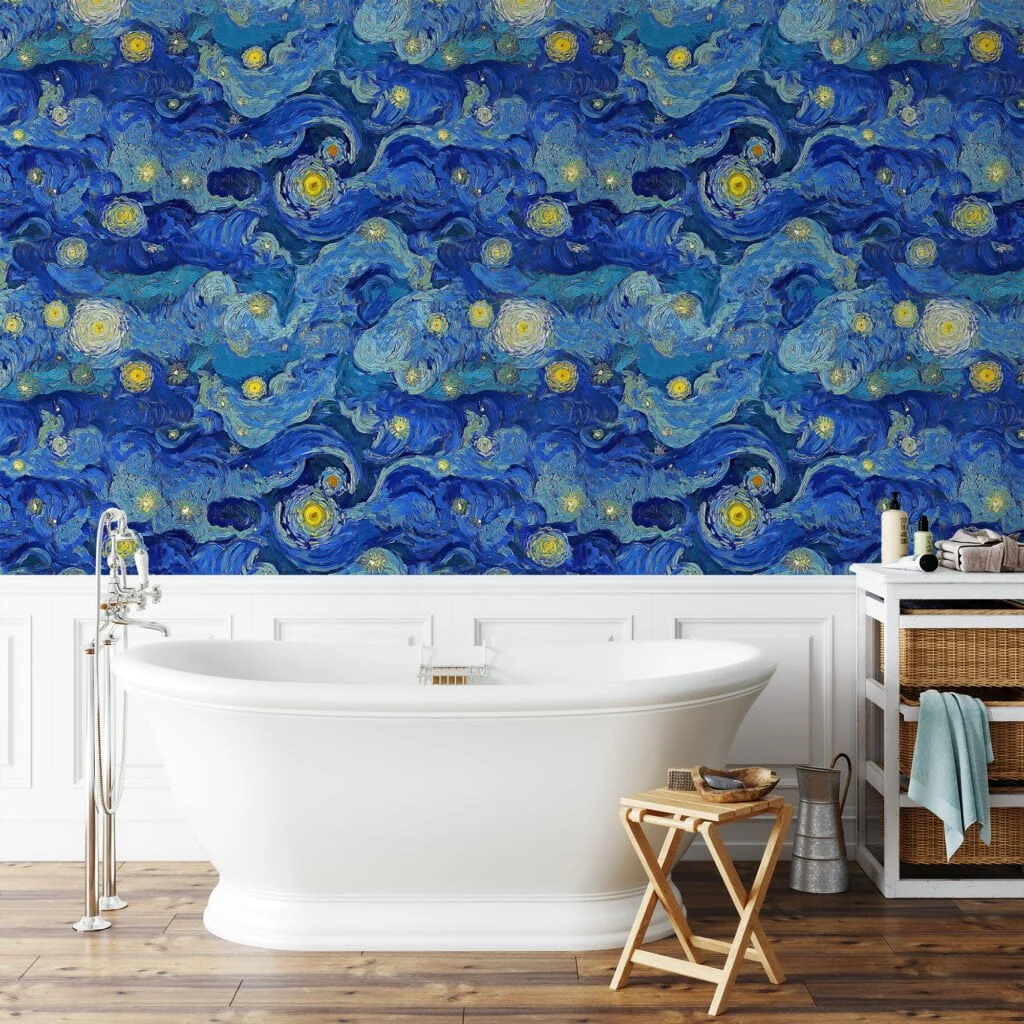 Abstract Blue And Yellow Artist Painting Effect Wallpaper, Van Gogh Style Blue Art Deco Peel & Stick Wall Mural