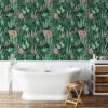 Green Abstract Jungle Flat Art Leaves Illustration Wallpaper, Dark Green & Pink Tropical Leaves Peel & Stick Wall Mural