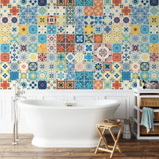 Retro Colored Mozaik Tiles Illustration Wallpaper, Mediterranean Charm Peel & Stick Wall Mural