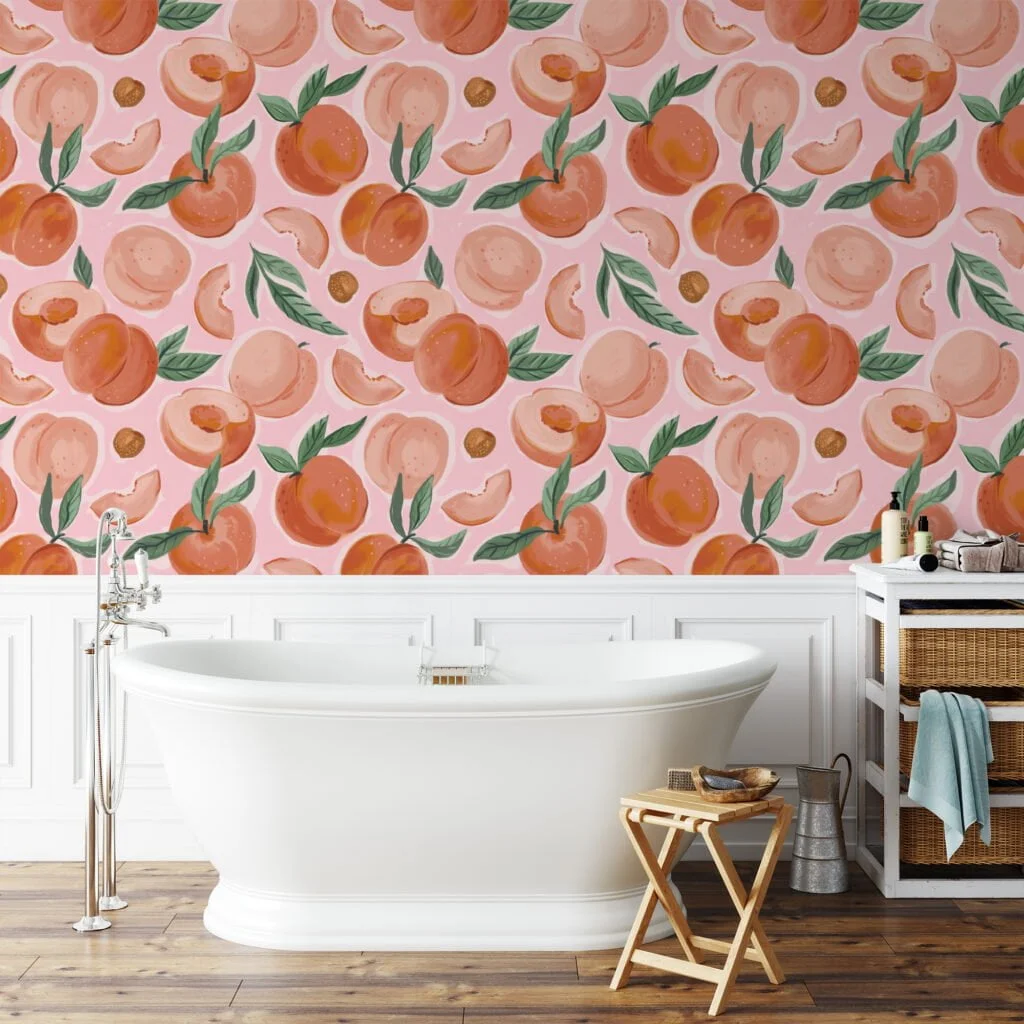 Peaches Pattern With Pink Background Wallpaper, Sweet Peach Fruit Peel & Stick Wall Mural