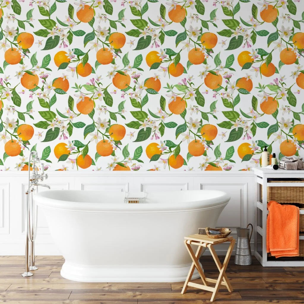 Oranges And Flowers Illustration Wallpaper, Fresh Oranges and Blossoms Design Peel & Stick Wall Mural