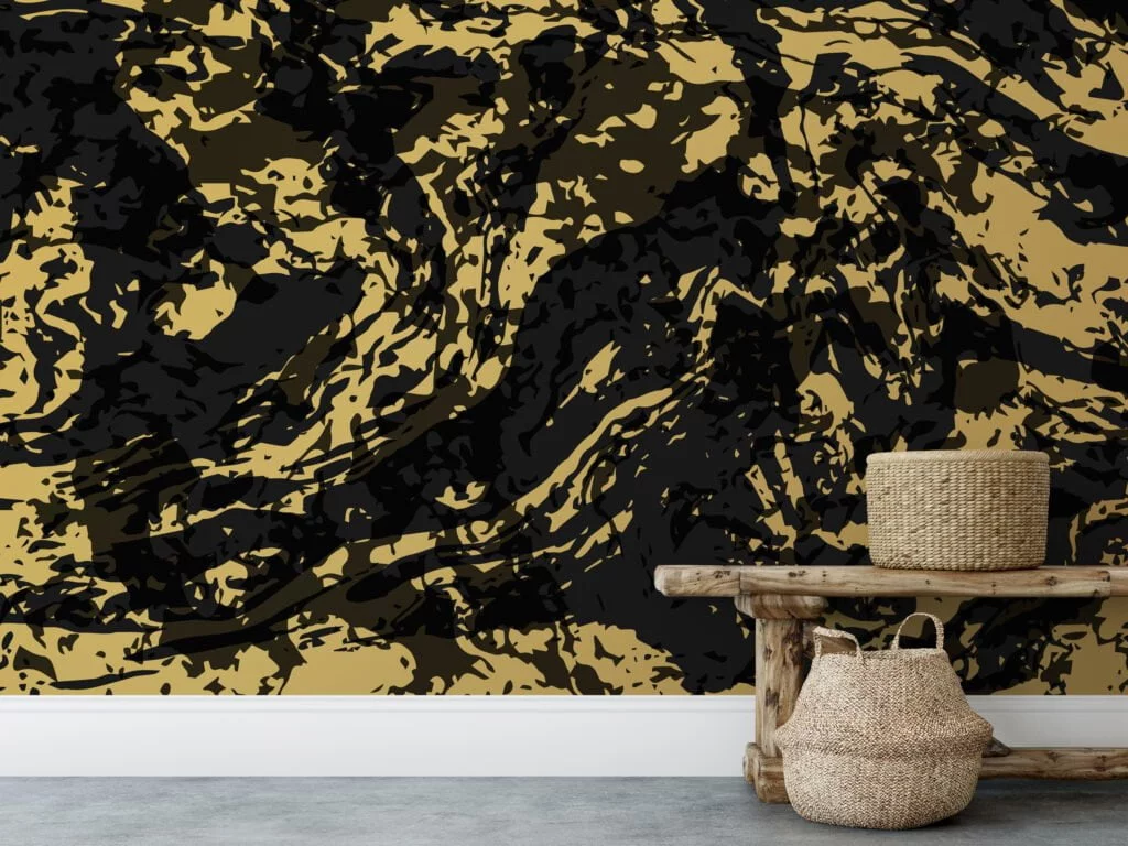 Abstract Gold And Black Marble Swirls Illustration Wallpaper, Striking Marble Effect Peel & Stick Wall Mural