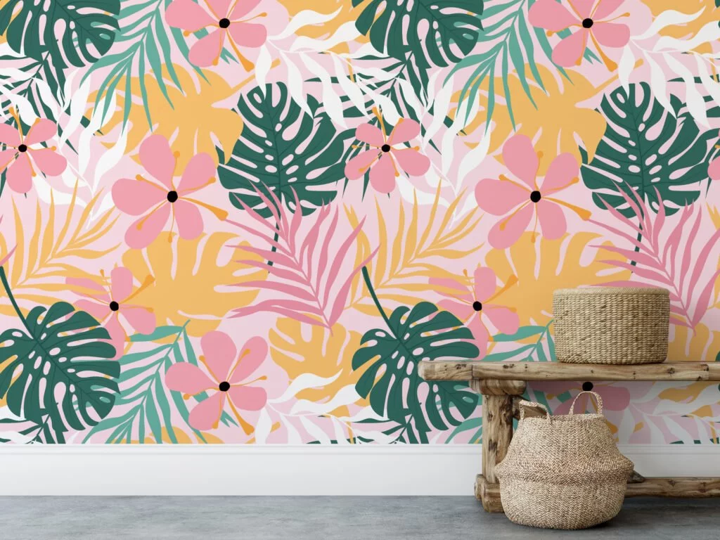 Tropical Pink Green Yellow Monstera Leaves And Flowers Illustration Wallpaper, Tropical Bliss Peel & Stick Wall Mural