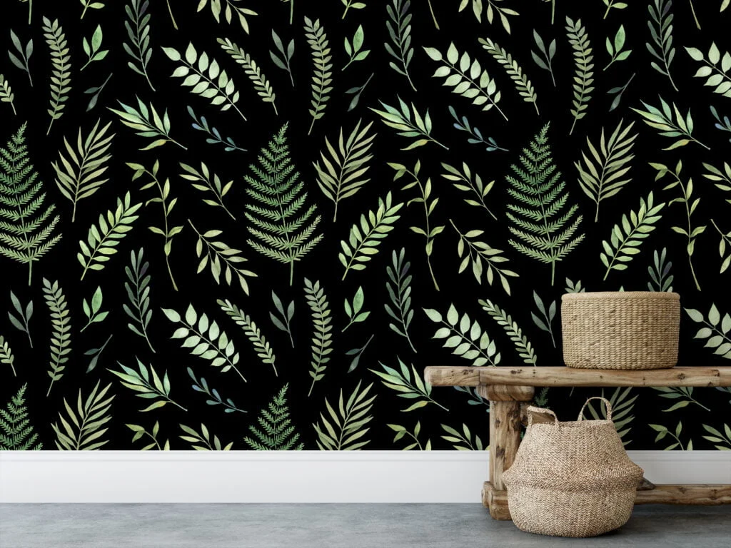Green Leaves And Branches With A Dark Background Wallpaper, Enchanted Forest Peel & Stick Wall Mural