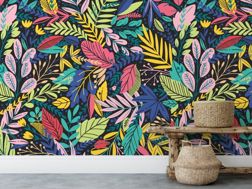 Colorful Leaves Illustration With A Dark Background Wallpaper, Exotic Botanical Peel & Stick Wall Mural
