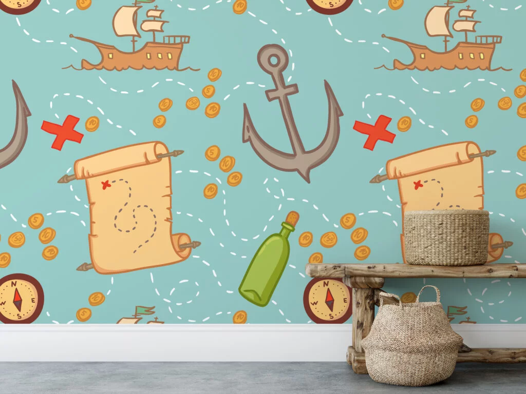 Pirate Themed Ships And Treasure Maps Wallpaper, Nautical Adventurous Kids Peel & Stick Wall Mural