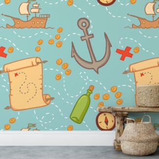 Pirate Themed Ships And Treasure Maps Wallpaper, Nautical Adventurous Kids Peel & Stick Wall Mural