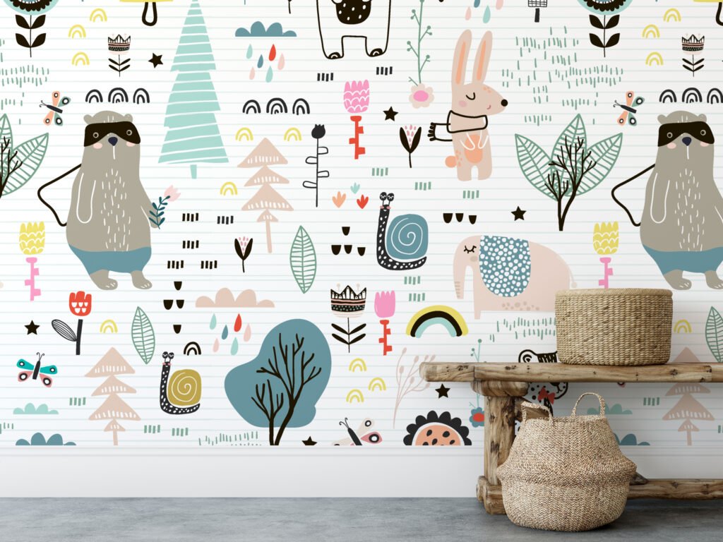 Cute Doodle Icons On Paper Pattern Wallpaper, Whimsical Woodland Drawings Peel & Stick Wall Mural