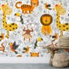 Cartoon Kids Tropical Illustration With Animals Wallpaper, Jungle Safari Kids Peel & Stick Wall Mural