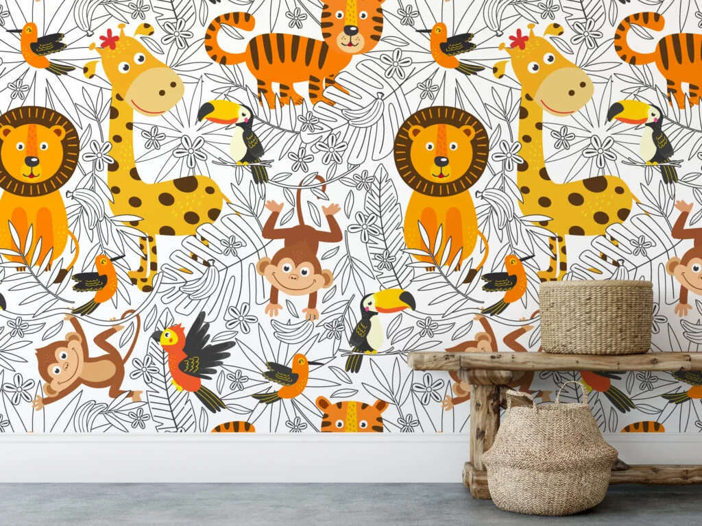 Cartoon Kids Tropical Illustration With Animals Wallpaper, Jungle Safari Kids Peel & Stick Wall Mural