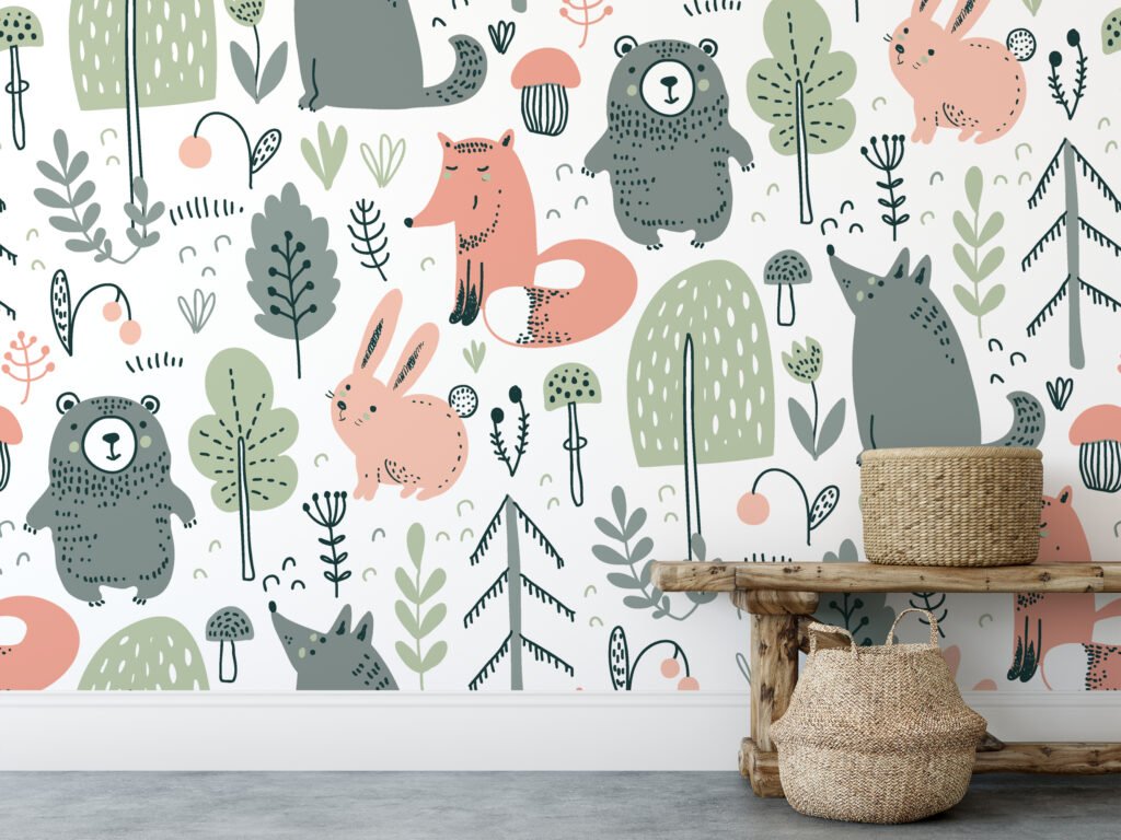 Nordic Scandinavian Forest Animals Drawings Illustration Wallpaper, Whimsical Forest Creatures Peel & Stick Wall Mural