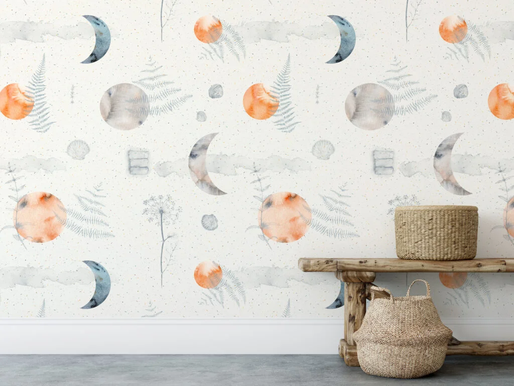 Watercolor Style Moon Pattern Illustration Wallpaper, Celestial Moon Phases Peel & Stick Wall Mural