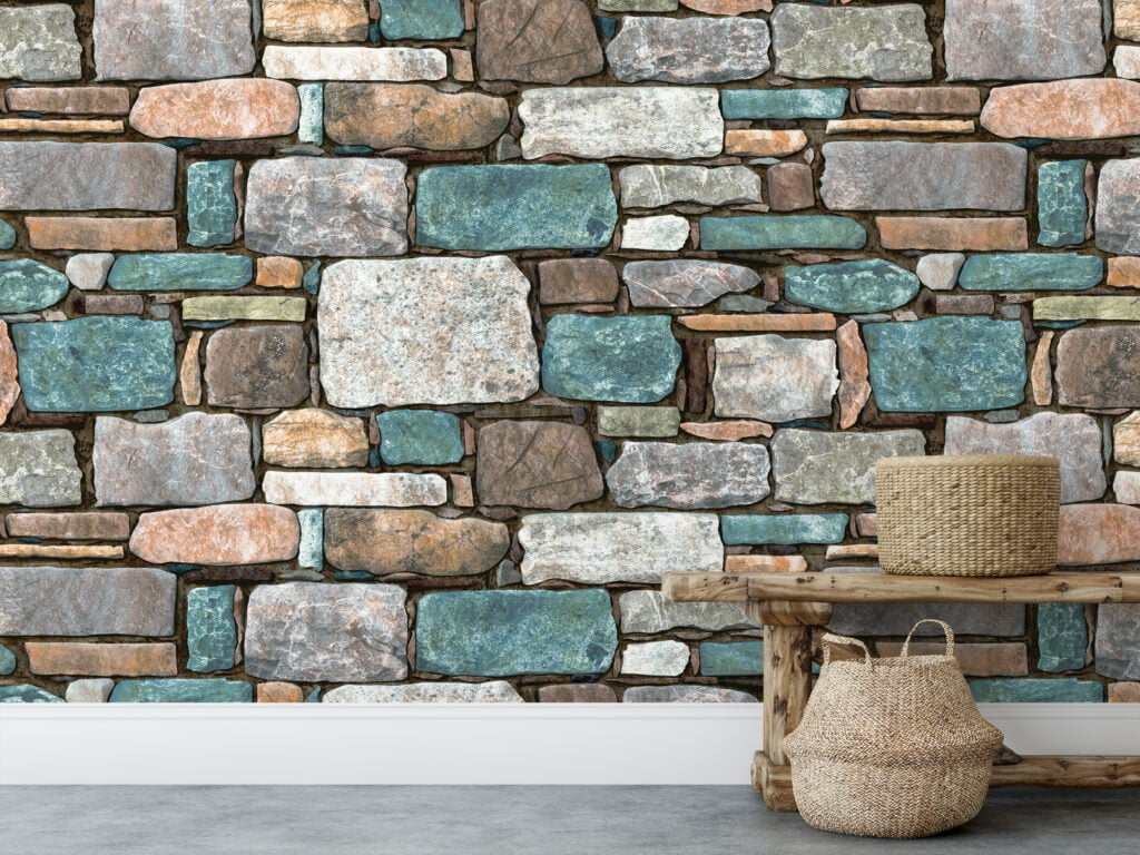 Stone Brick Wall Pattern With Teal Blue Highlights Wallpaper, Multi-Toned Stone Mosaic Peel & Stick Wall Mural