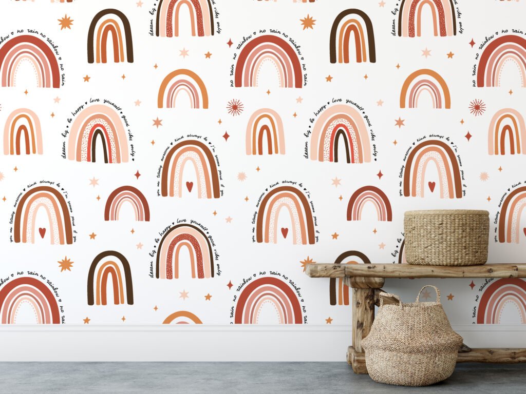 Nursery Boho Rainbows With Stars Pattern Illustration Wallpaper, Warm Abstract Kids Room Peel & Stick Wall Mural