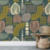 Boho Leaf Shapes Pattern Illustration Wallpaper, Botanical Abstract Fusion Peel & Stick Wall Mural