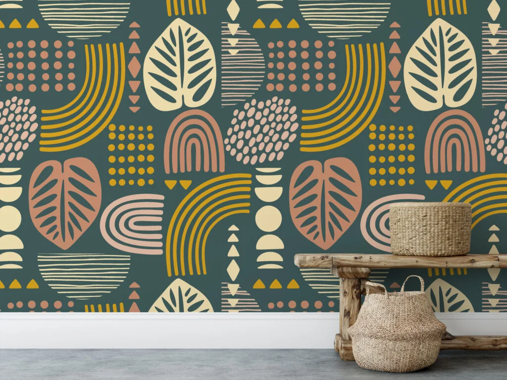 Boho Leaf Shapes Pattern Illustration Wallpaper, Botanical Abstract Fusion Peel & Stick Wall Mural