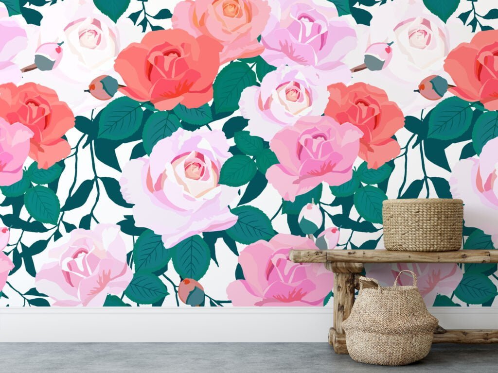 Floral Roses Flat Art Illustration Wallpaper, Romantic Rose Garden Peel & Stick Wall Mural