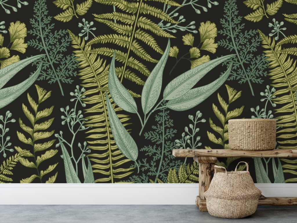 Vintage Style Plants And Leaves With A Dark Background Wallpaper, Nature Inspired Design Peel & Stick Wall Mural