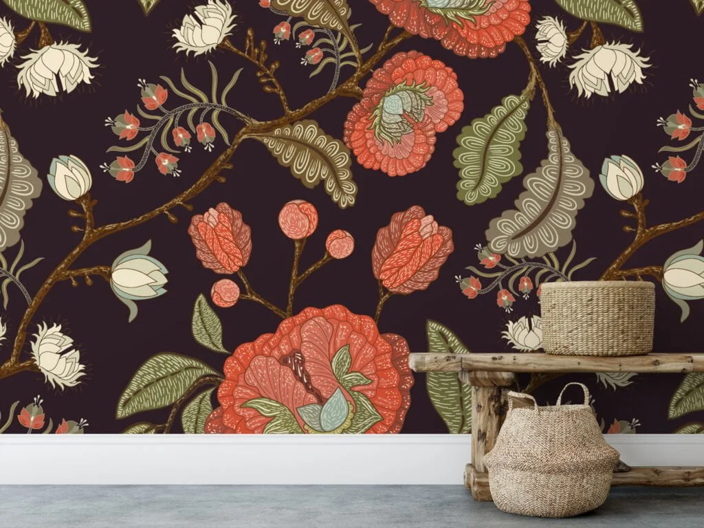 Dark Floral Paisley Wallpaper, Vintage Crimson Botanical Peel & Stick Wall Mural
