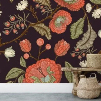 Dark Floral Paisley Wallpaper, Vintage Crimson Botanical Peel & Stick Wall Mural