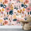 Cute Flat Art Abstract Pink Floral Design Illustration Wallpaper, Elegant Vintage Floral Peel & Stick Wall Mural