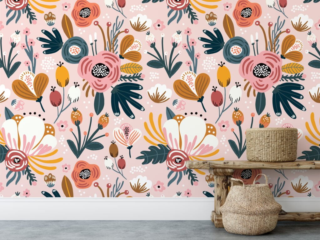 Cute Flat Art Abstract Pink Floral Design Illustration Wallpaper, Elegant Vintage Floral Peel & Stick Wall Mural