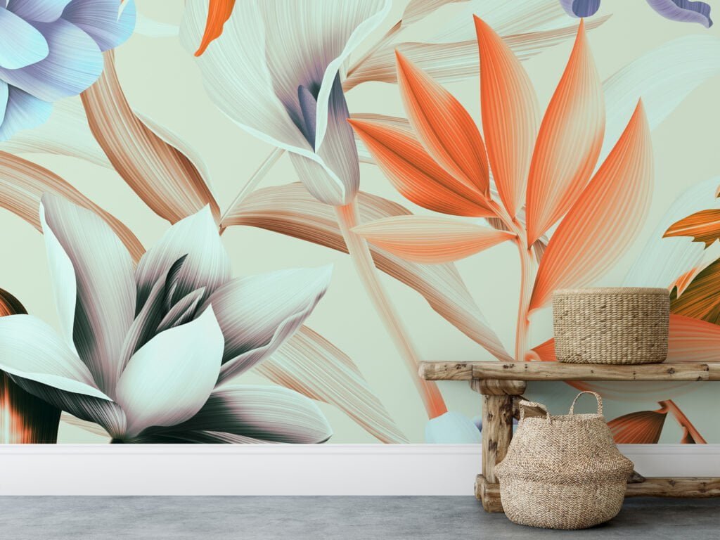 Blooming Beige And Purple Flowers With Orange Leaves Wallpaper, Abstract Blossoms Peel & Stick Wall Mural