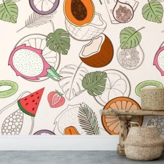 Vegetables And Fruits Illustration Pattern Wallpaper, Whimsical Tropical Fruit Peel & Stick Wall Mural