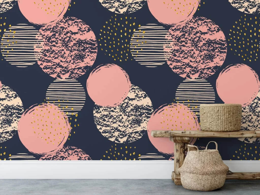 Abstract Large Peach Pink Circles Design Illustration Wallpaper With A Dark Background, Modern Home Decor Peel & Stick Wall Mural