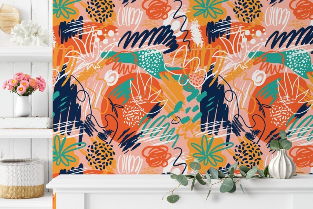 Abstract Colorful Doodles Illustration Wallpaper, Vibrant Tropical Peel & Stick Wall Mural