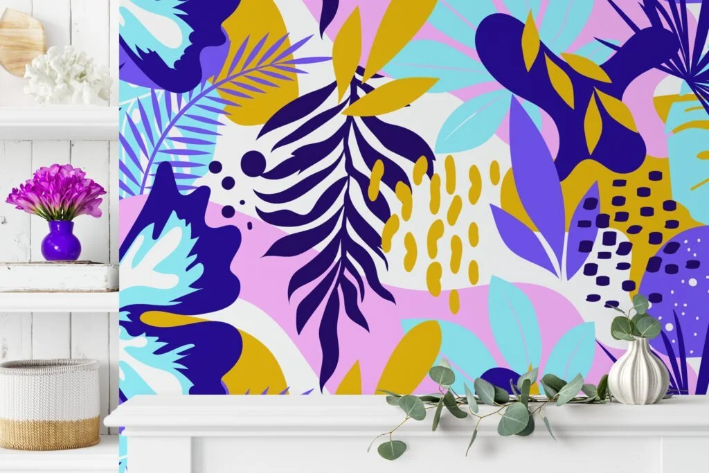 Large Colorful Abstract Leaves Illustration Wallpaper, Vibrant Tropical Peel & Stick Wall Mural