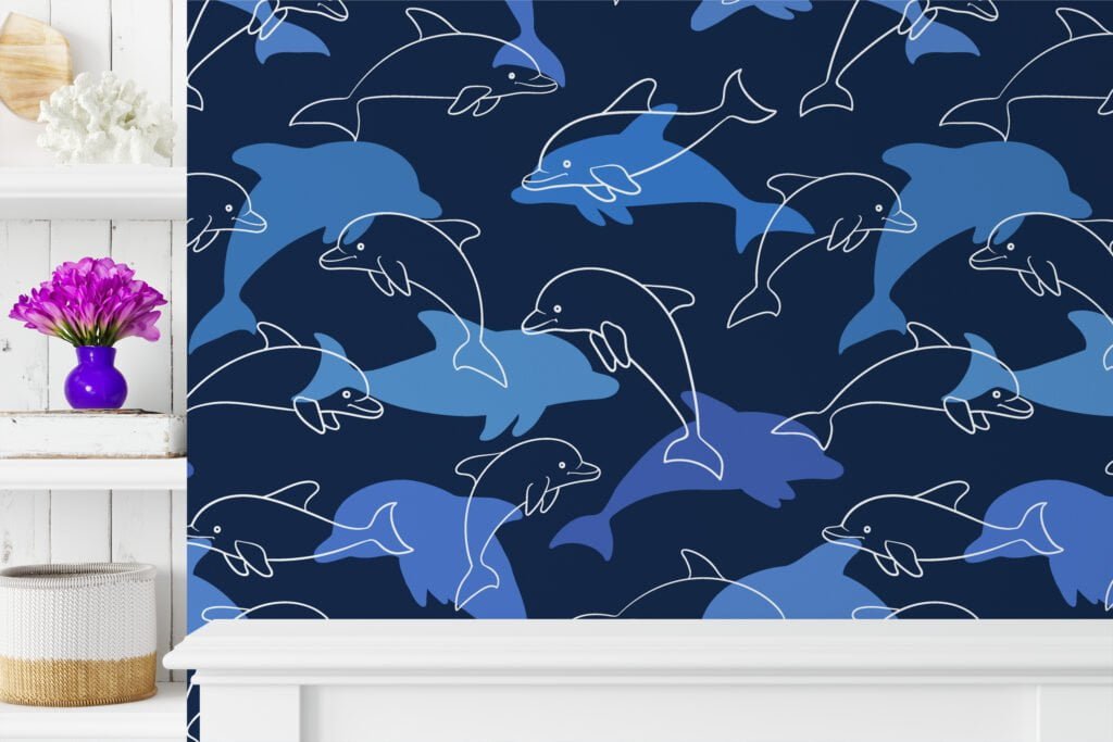 Blue Dolphins Pattern Illustration Wallpaper, Serene Blue Oceanic Kids' Room Peel & Stick Wall Mural