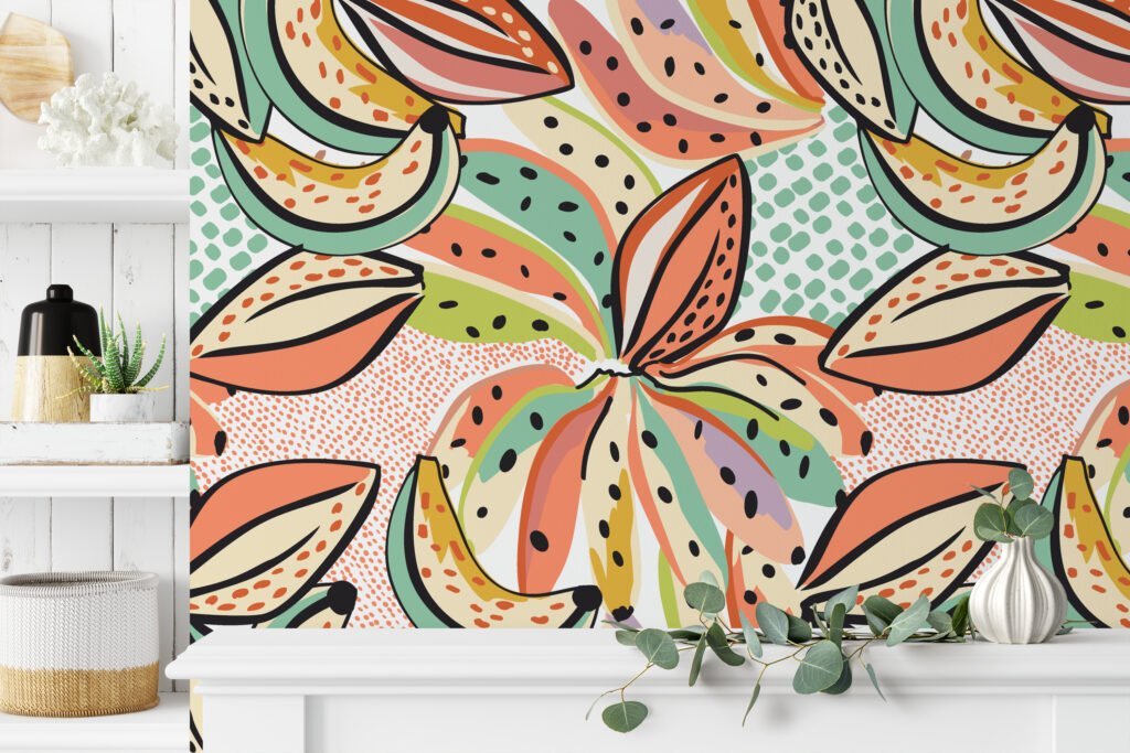 Colorful Abstract Banana Illustration Wallpaper, Playful Tropical Decor Peel & Stick Wall Mural