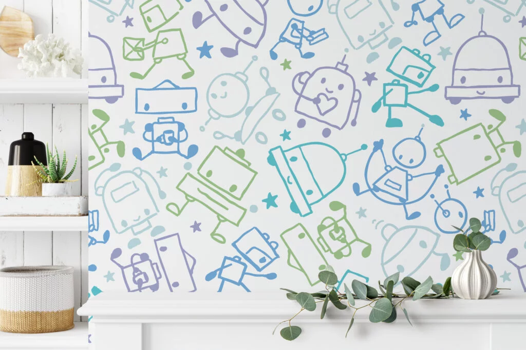 Cute Doodle Robots Drawing Nursery Wallpaper, Playful Space Line Art Peel & Stick Wall Mural