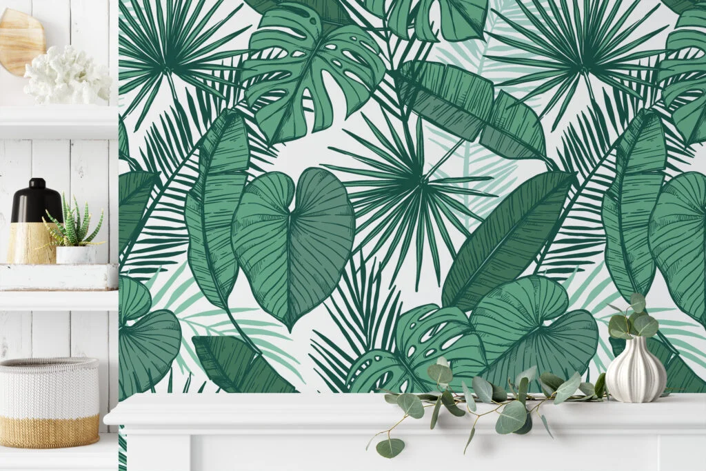 Green Tropical Leaves Illustration Wallpaper, Lush Greenery Sketch Peel & Stick Wall Mural