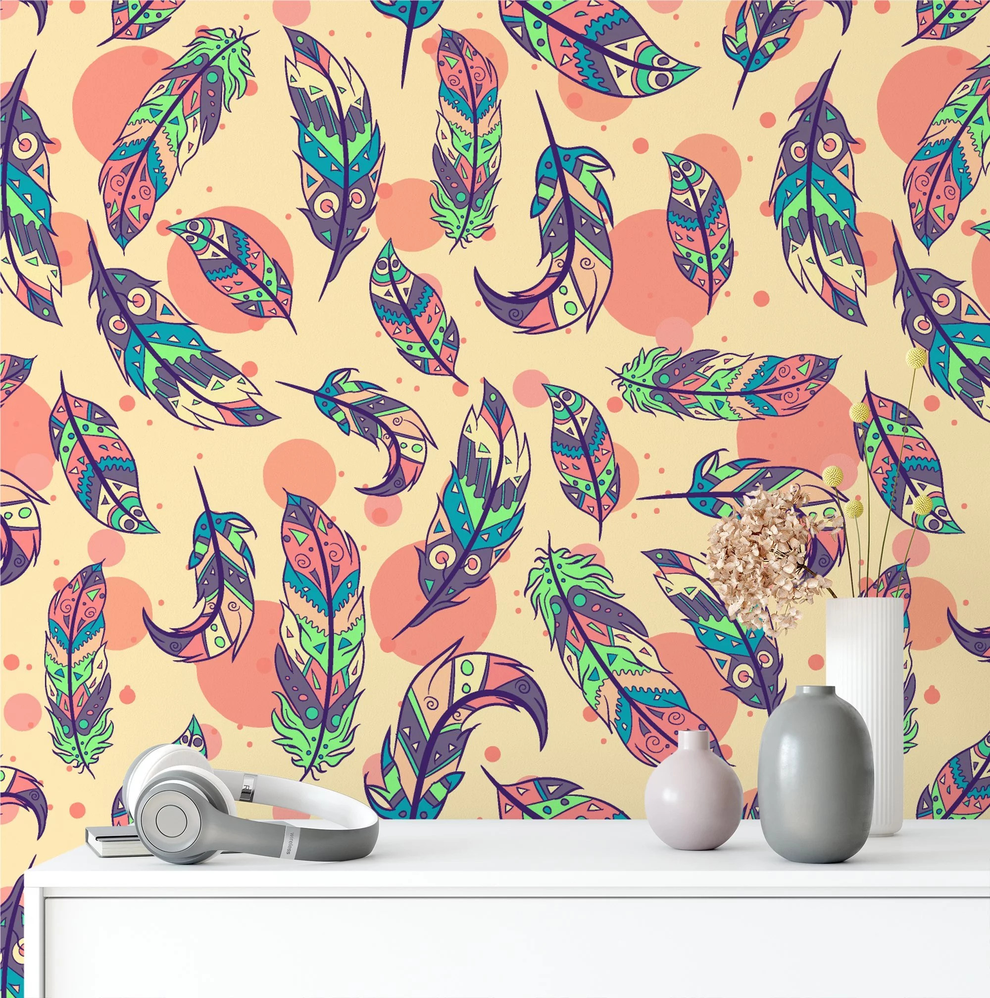 Colorful Cartoon Style Feathers Pattern Illustration Wallpaper, Bohemian Feather Design Peel & Stick Wall Mural