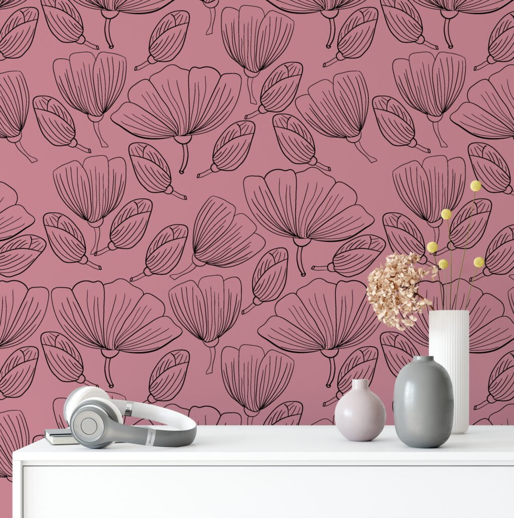 Floral Line Art With A Pink Background Illustration Wallpaper, Elegant Floral Design Peel & Stick Wall Mural