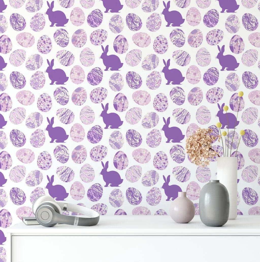 Purple Egg Shaped Ink Blotches With Bunnies Wallpaper, Charming Bunny & Egg Peel & Stick Wall Mural