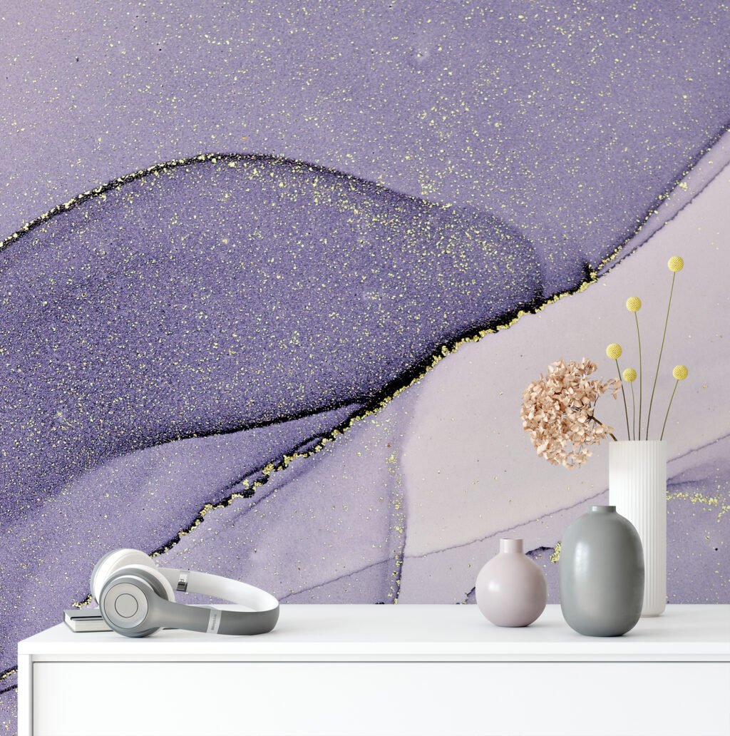 Lavender Purple With Yellow Highlights Alcohol Ink Art Marble Wallpaper, Lavender Dreams Marble Peel & Stick Wall Mural
