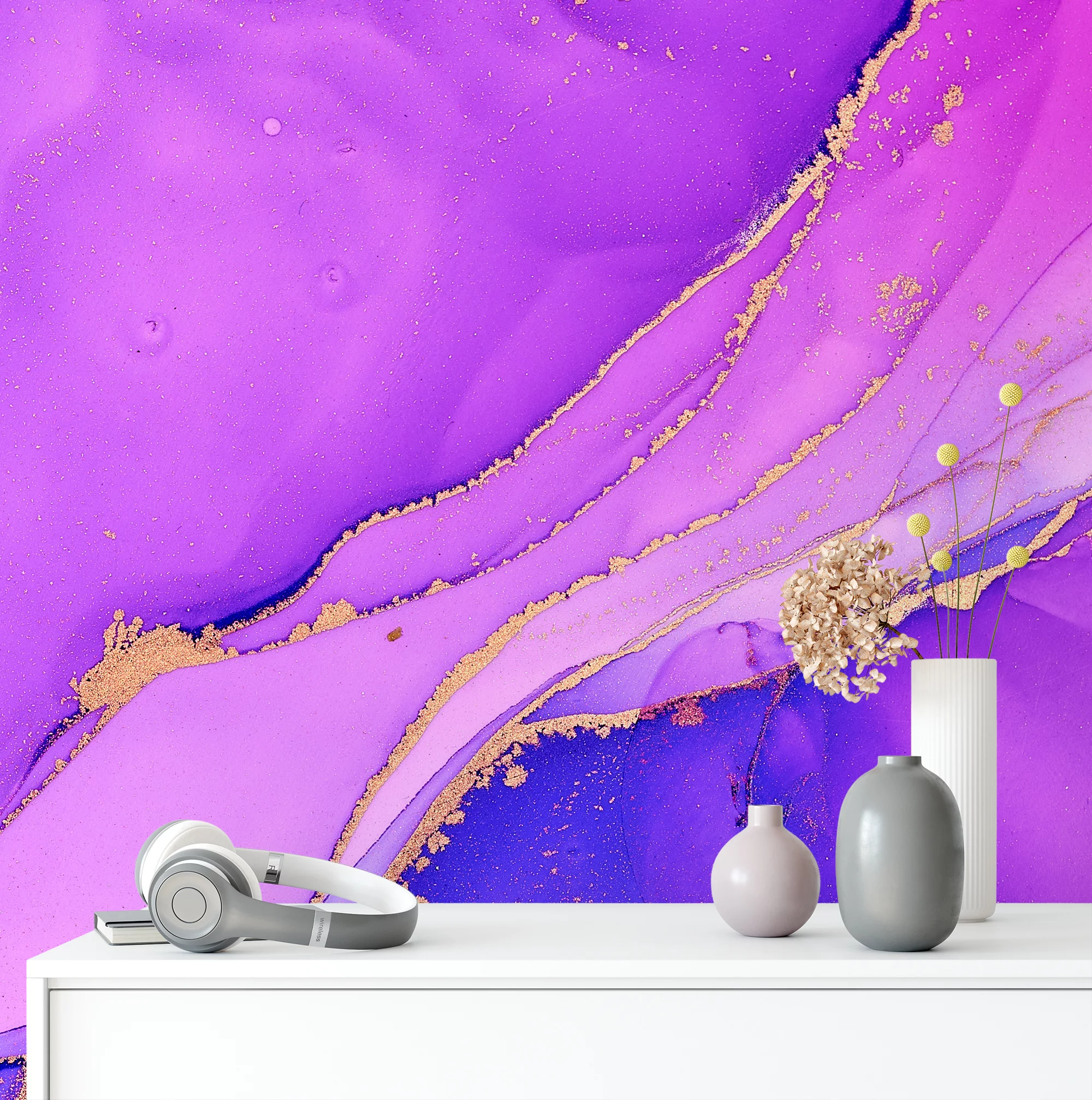 Bright Pink Purple And Blue Alcohol Ink Art Marble Wallpaper, Majestic Purple Dreamscape Peel & Stick Wall Mural