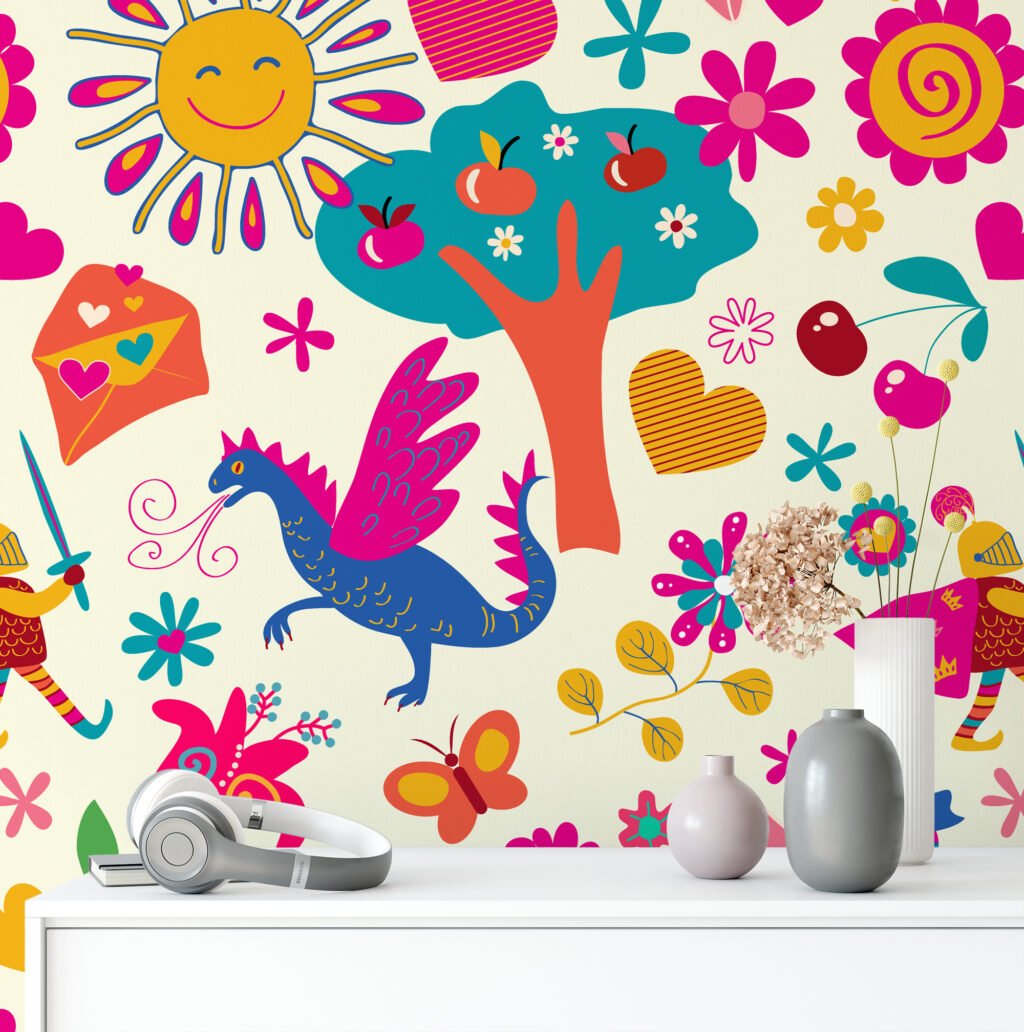 Colorful Kids Playroom Illustration Wallpaper, Enchanted Fairytale Kids Peel & Stick Wall Mural