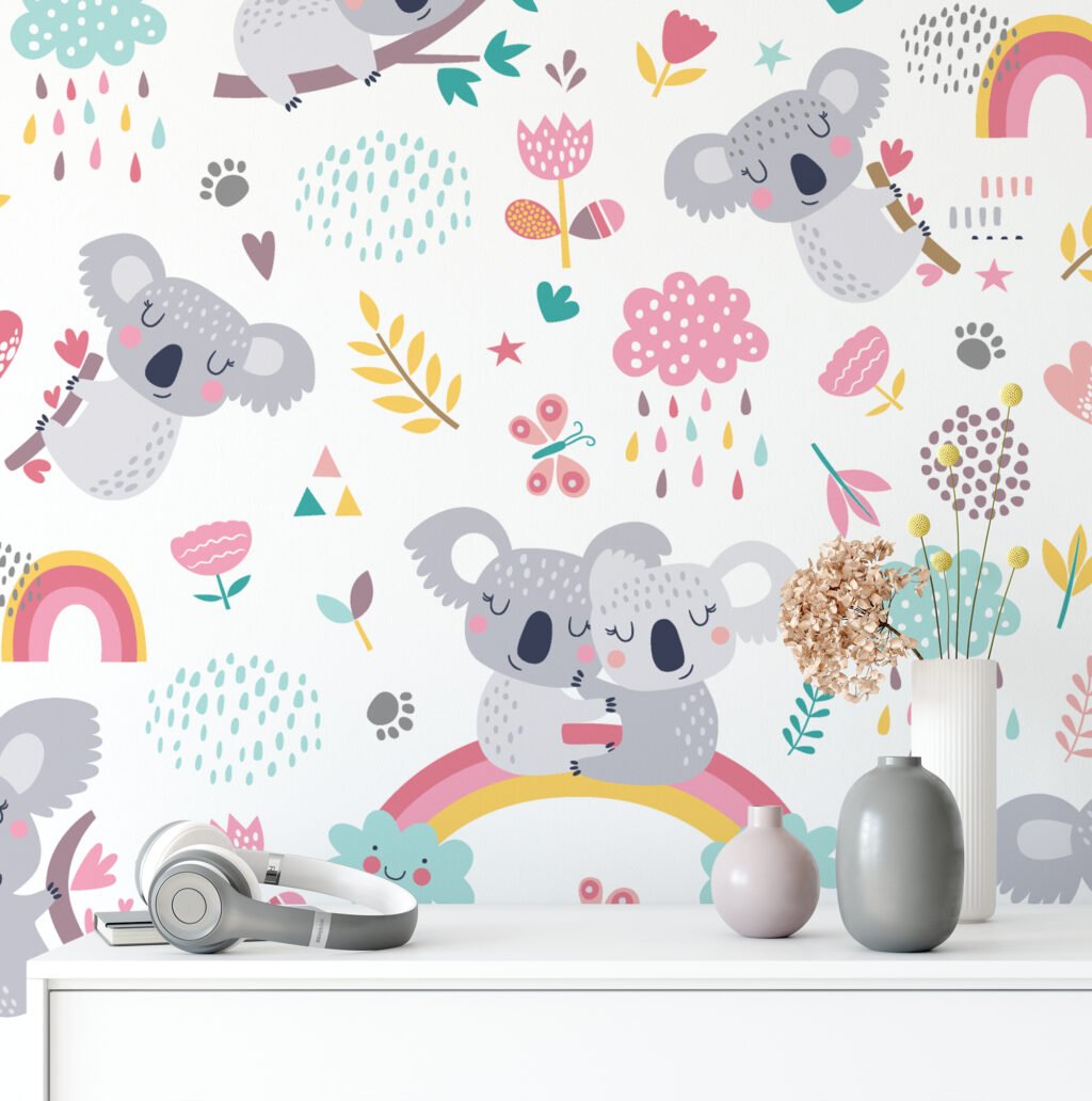Nursery Cute Flat Art Koala Design Illustration Wallpaper, Enchanting Koala Peel & Stick Wall Mural