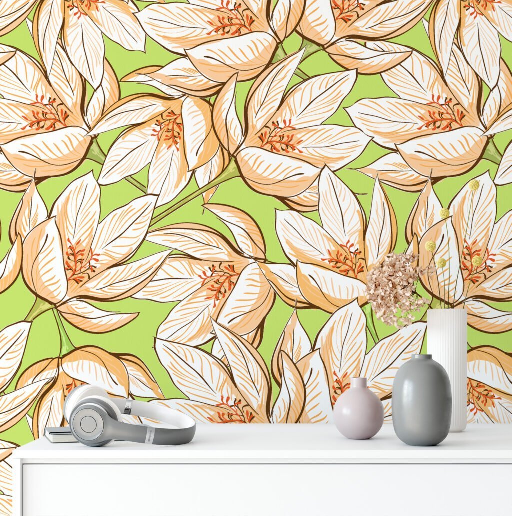 Retro Style Floral Line Art Wallpaper With A Green Background, Spring Blossom Elegance Peel & Stick Wall Mural