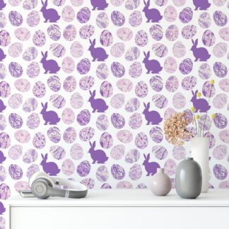 Purple Egg Shaped Ink Blotches With Bunnies Wallpaper, Charming Bunny & Egg Peel & Stick Wall Mural