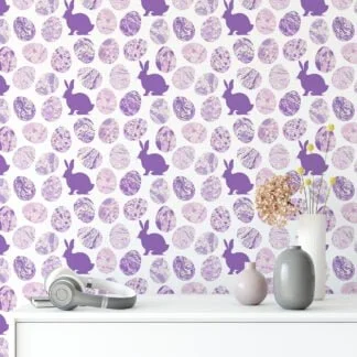 Purple Egg Shaped Ink Blotches With Bunnies Wallpaper, Charming Bunny & Egg Peel & Stick Wall Mural