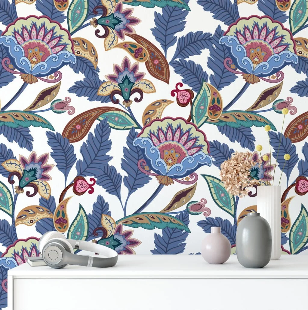 Paisley Style Wallpaper With Navy Blue Leaves, Art Deco Floral Peel & Stick Wall Mural