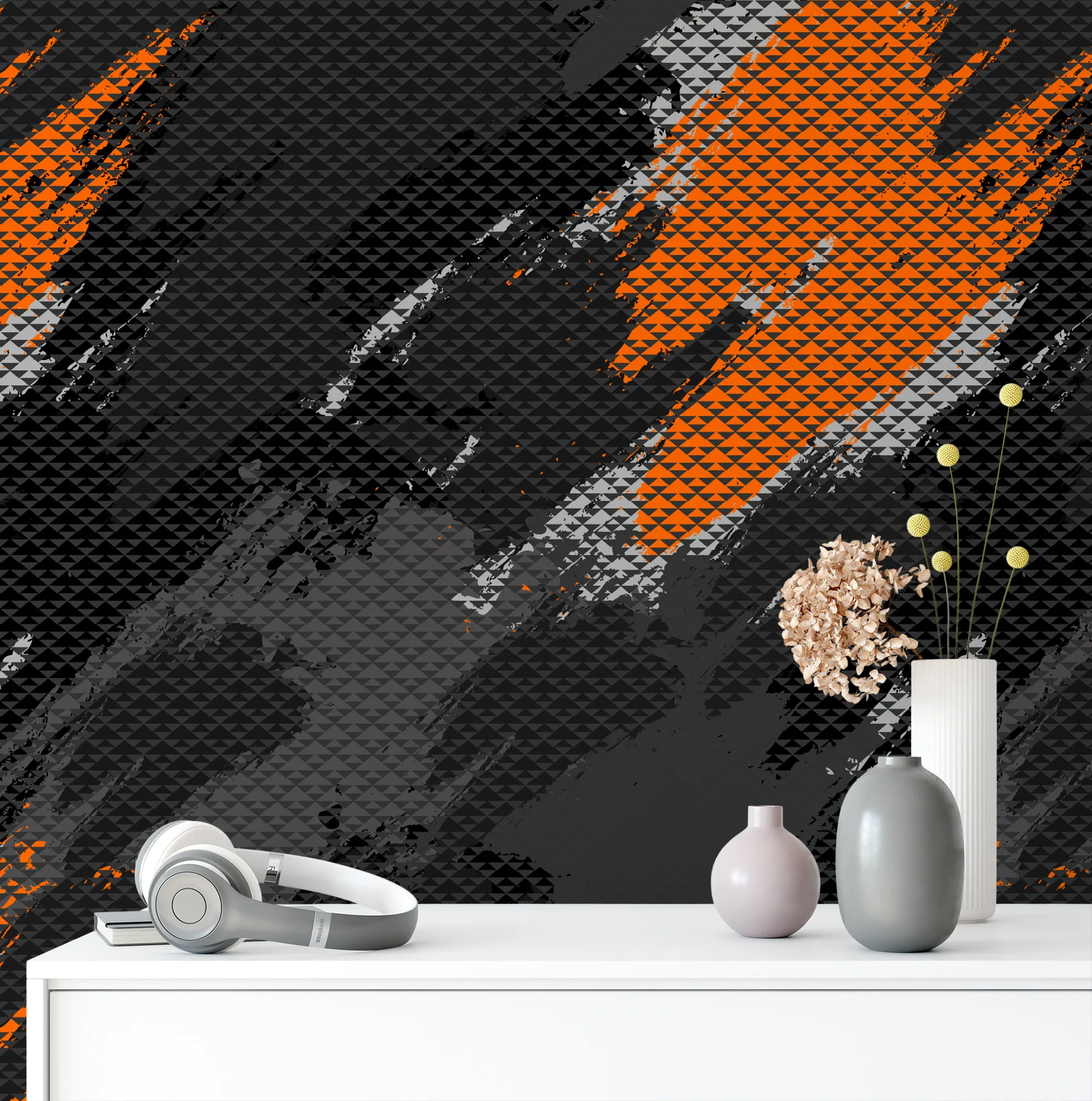 Orange And Grey Geometric Abstract Design Wallpaper, Dynamic Orange Streaks On Black Peel & Stick Wall Mural