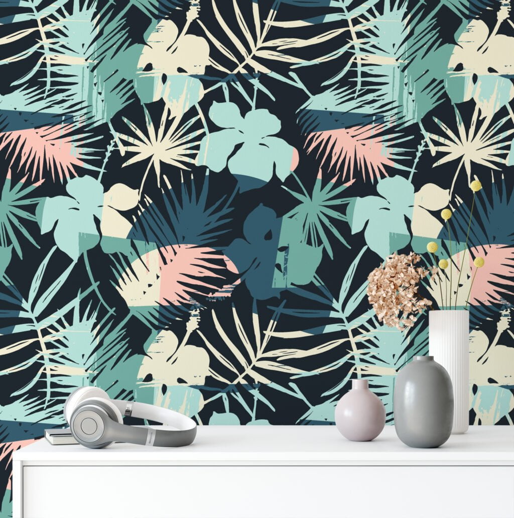 Abstract Retro Colored Tropical Illustration Wallpaper, Navy Night Botanical Peel & Stick Wall Mural